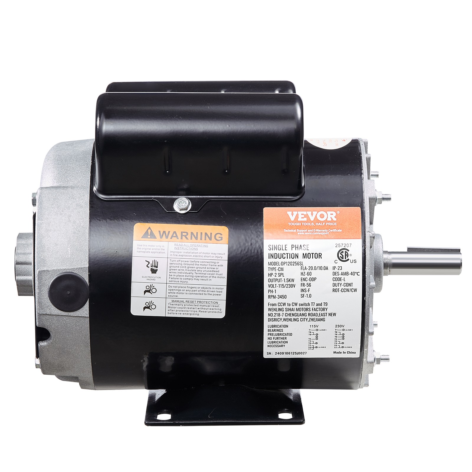 VEVOR 2HP SPL Air Compressor Motor 115/230V 20/10A 3450RPM 56 Frame CW Rotation