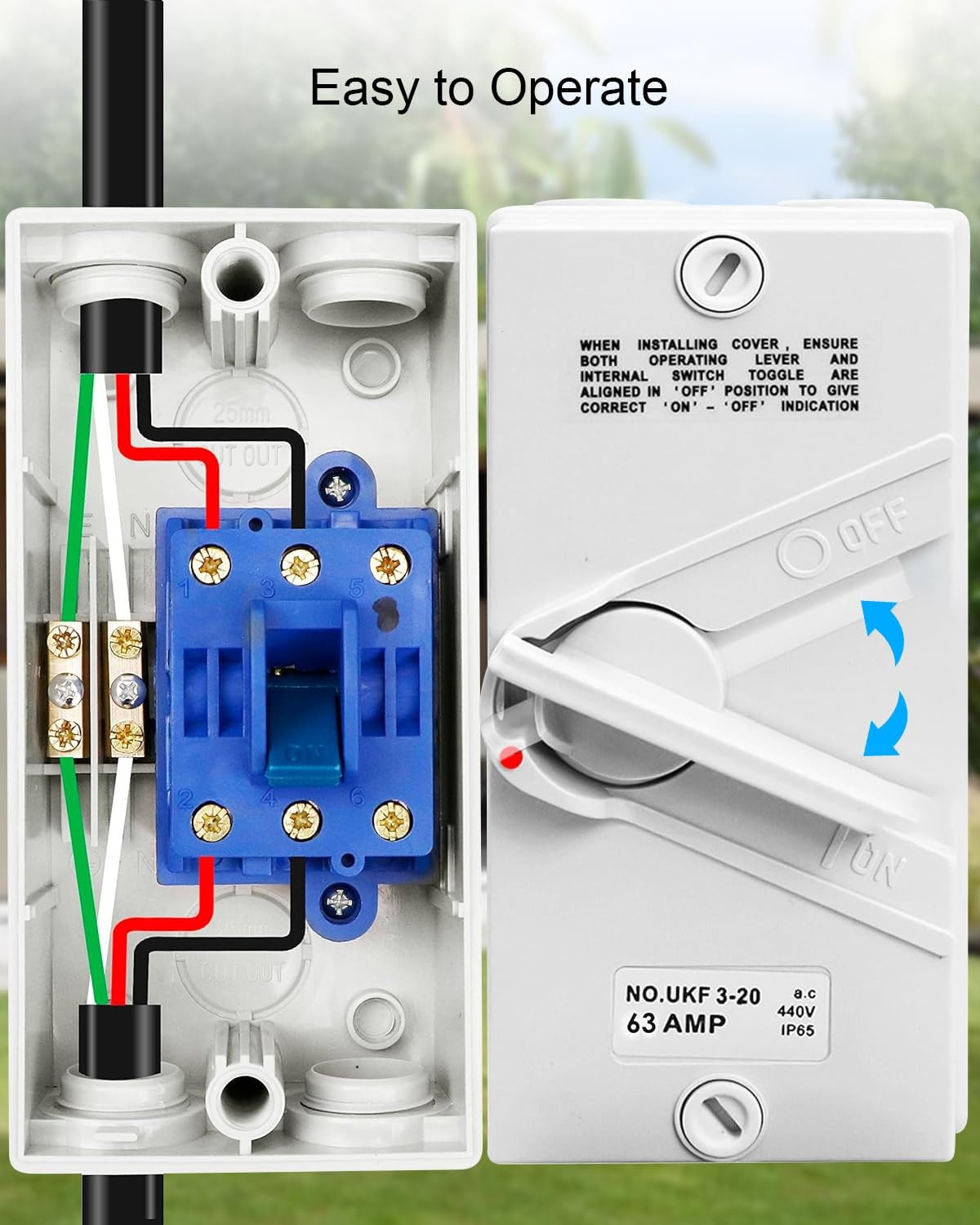 3 Pole Enclosed Motor Disconnect Switch 63A 440V, 3 Phase Electrical, IP65 Water