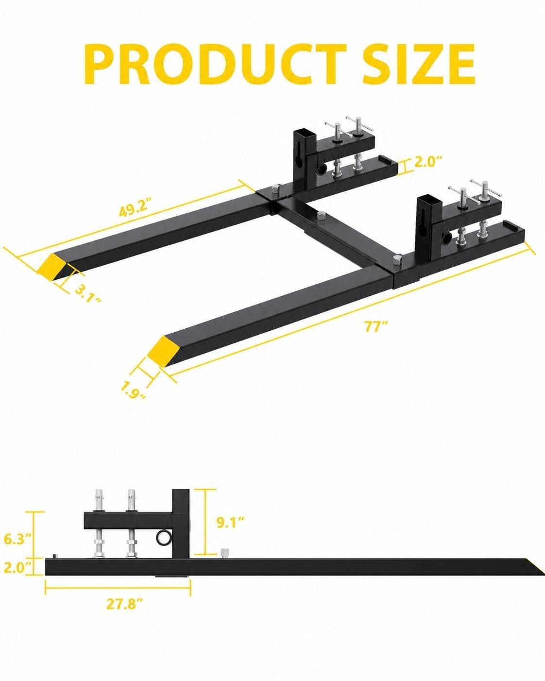 77″ Clamp on Pallet Forks 6000LBS Tractor Bucket Fork &Adjustable Stabilizer Bar