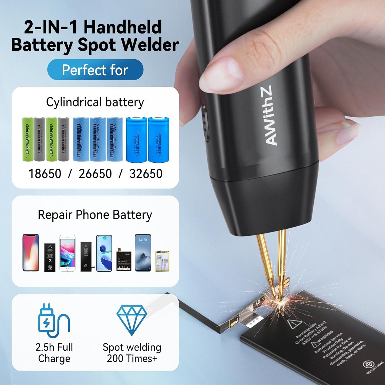 AWithZ H1 Portable Handheld Spot Welder 11 Gears for 18650 Battery DIY Welding