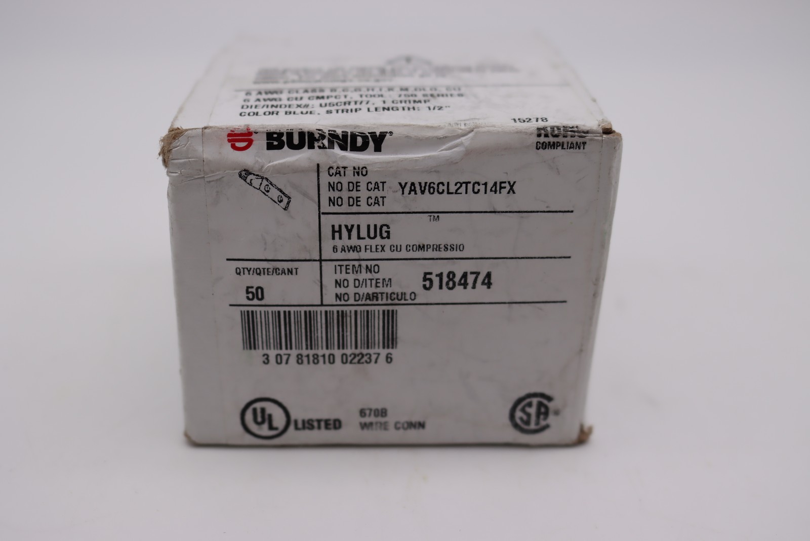 Box of 50 Burndy 518474 Copper Compression Lugs 6AWG
