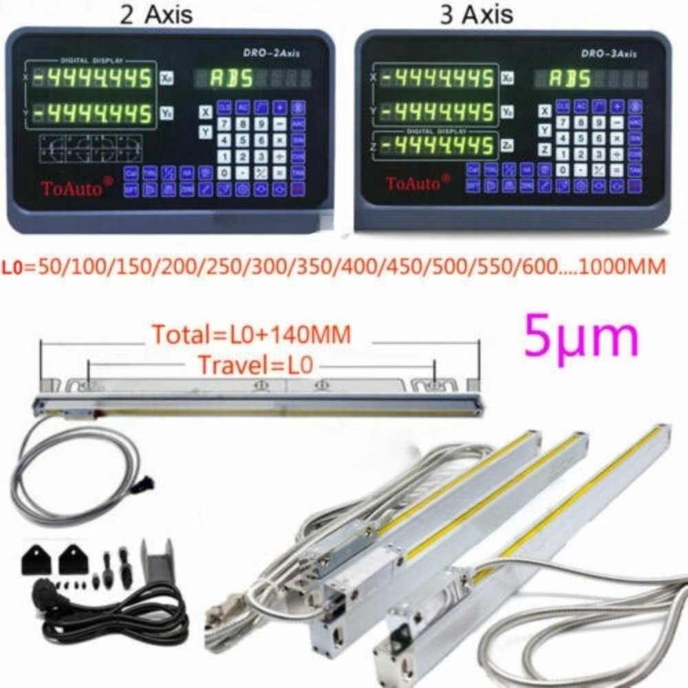 New TOAUTO Linear Scales 5um+DRO Digital Readout 2/3 Axis for Bridgeport Mill
