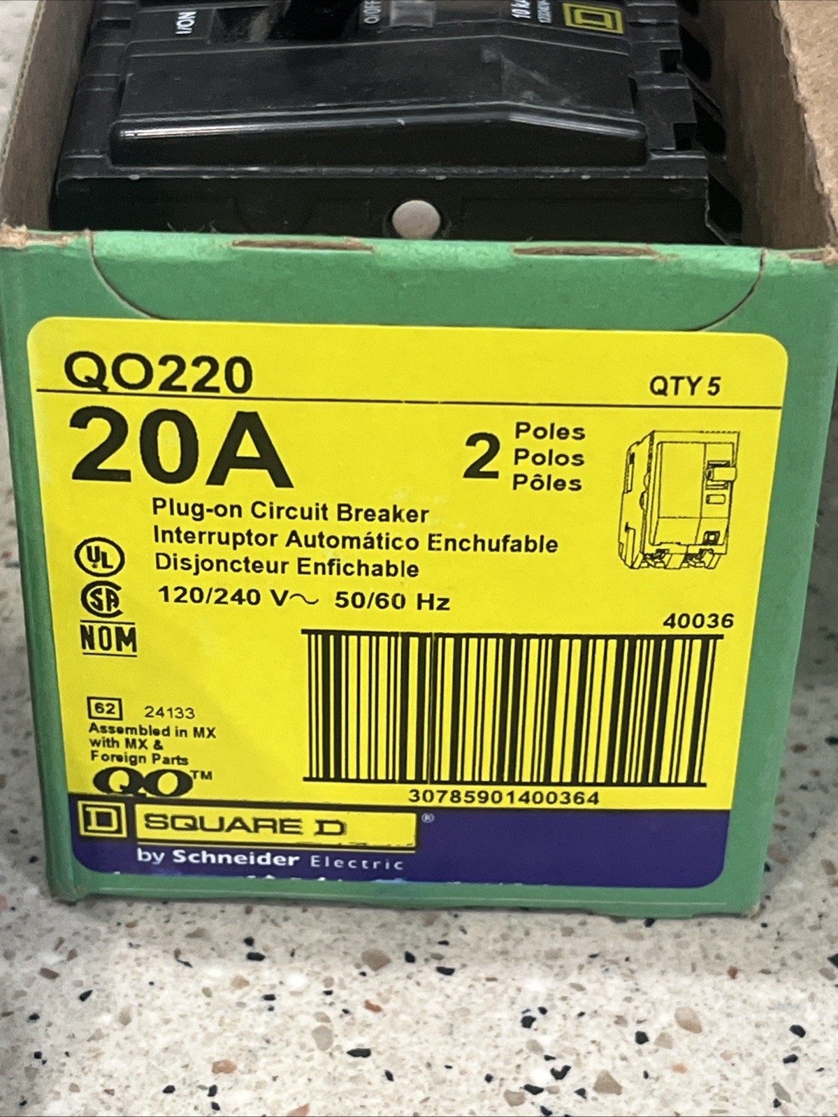 Square D QO220 (5 PACK) 20A 2P 120/240V Circuit Breaker *US SELLER Lot of 5 NEW*