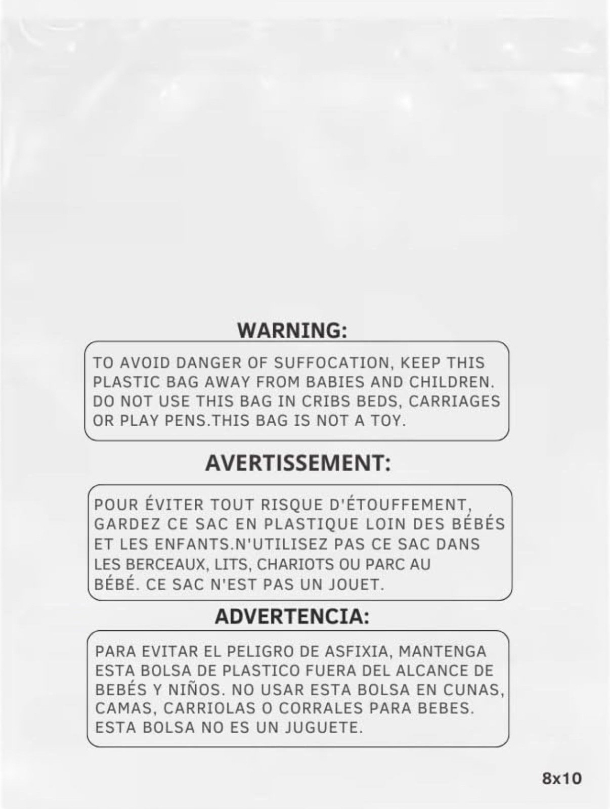 8×10 Inches (200 Counts) Self Seal Clear Poly Bags With Suffocation Warnings.