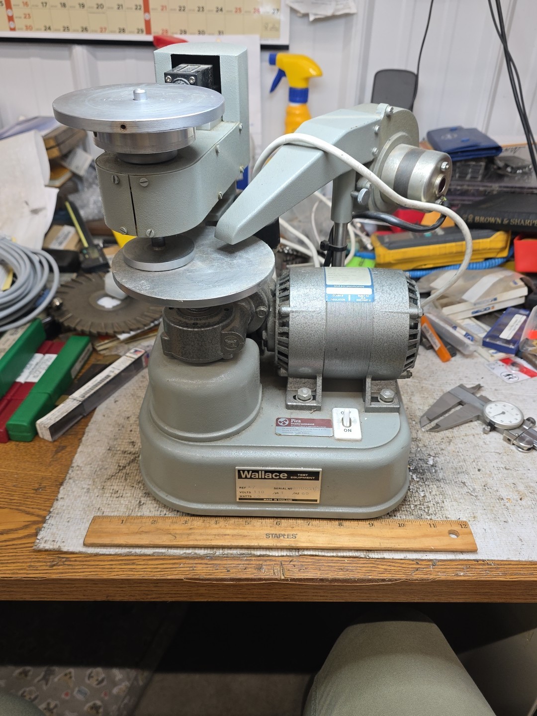 WALLACE A7 ABRASION TESTER FOR RUBBER/PLASTIC TESTER 110 VAC, EX WORKING COND