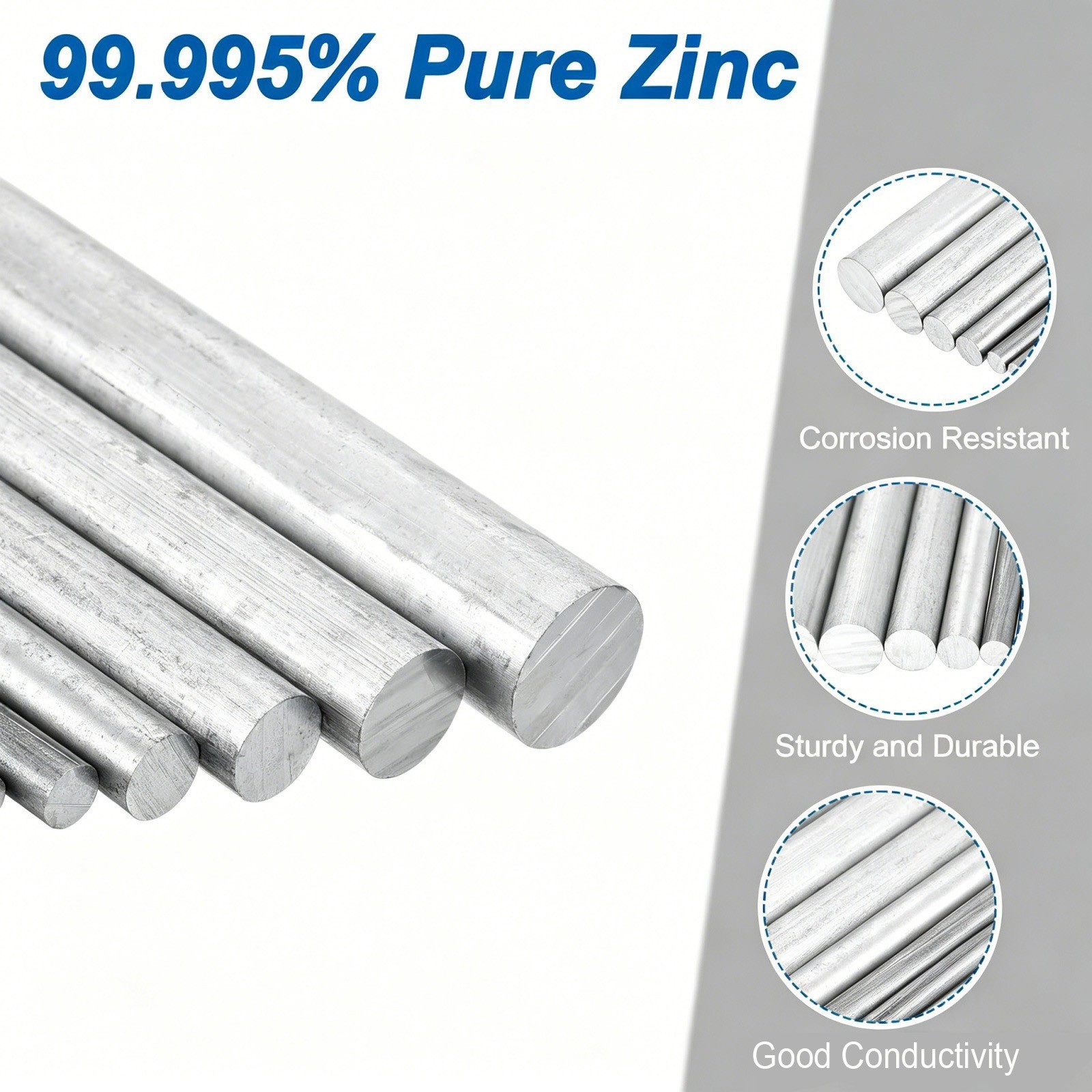 Round Zinc Bar 99.9% Pure Zinc Rod, Marine Anticorrosion, Pure Metal Zinc Anode