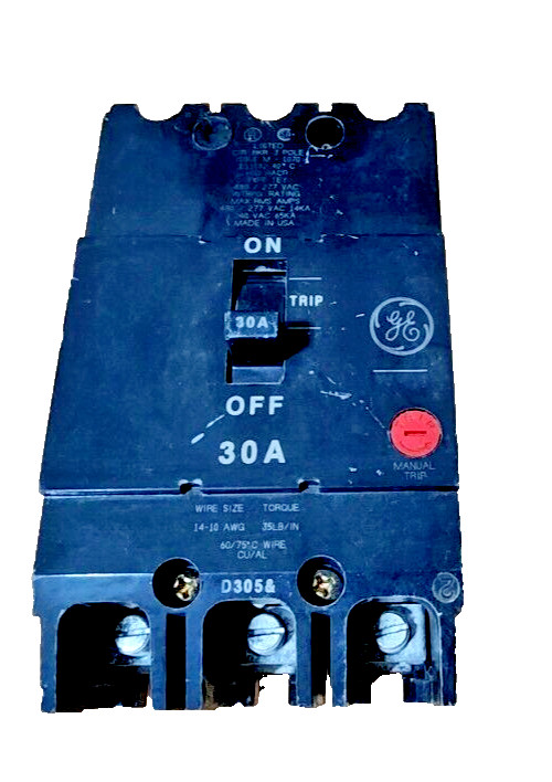 GE Type TEY330, 30 Amp, 3-Pole, 480 / 277Vac Circuit Breaker 14KA