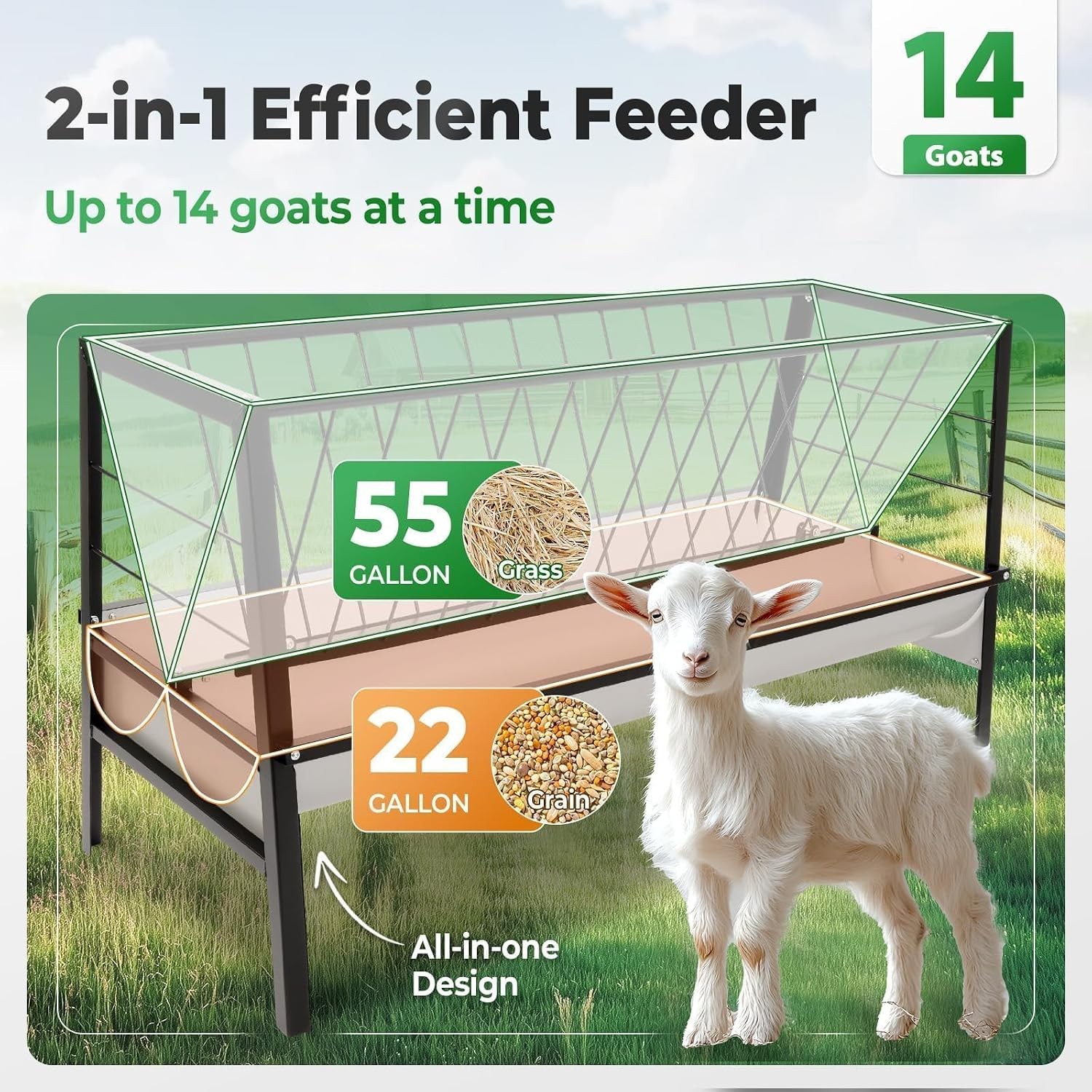 Pasture Hay Feeder 2 in 1 55 Gallon Livestock Feed Trough with 22 Gallon Feed