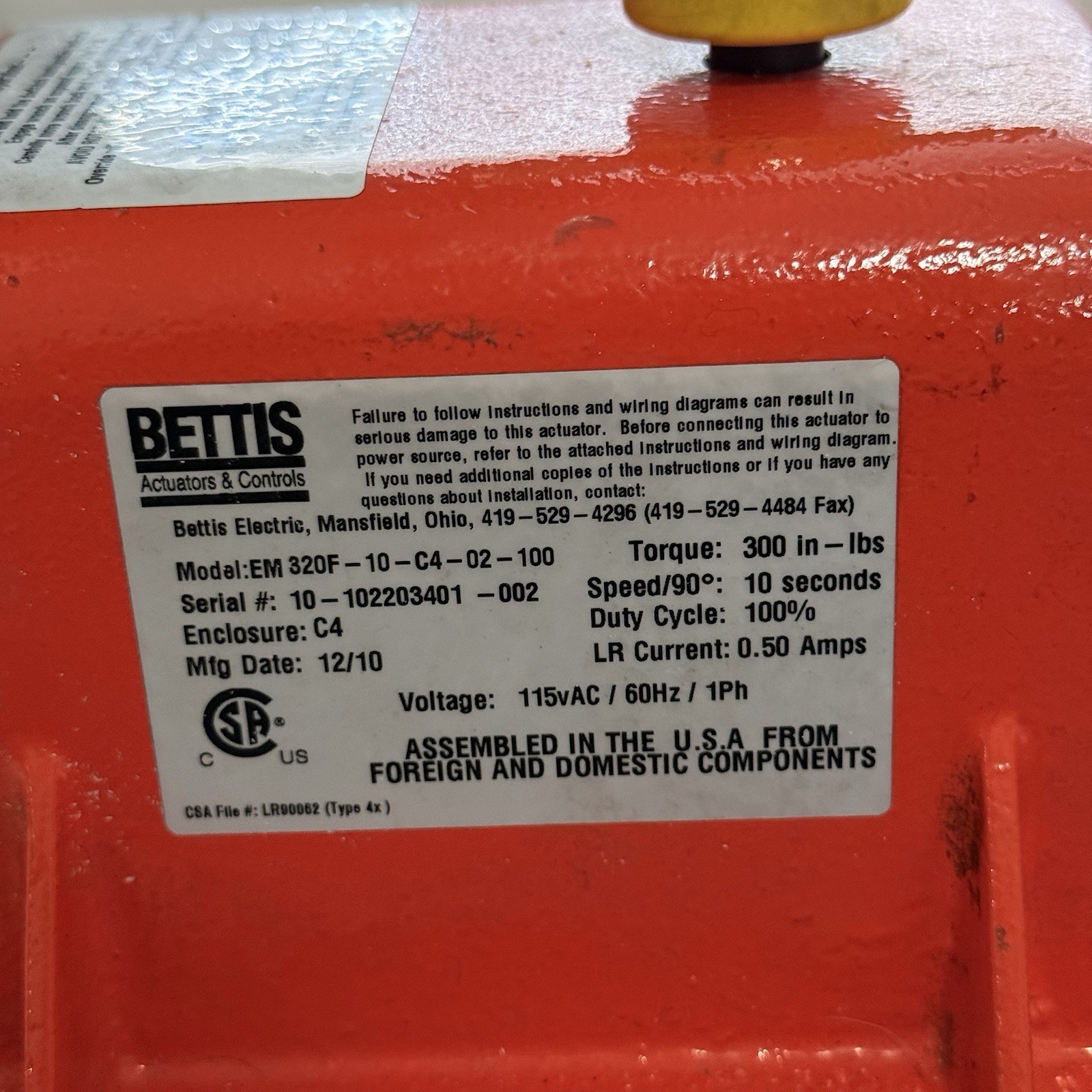 BETTIS EM 320F-10-C4-100 300 IN-LBS 90° 10 SEC 115v 1PH VALVE ACTUATOR