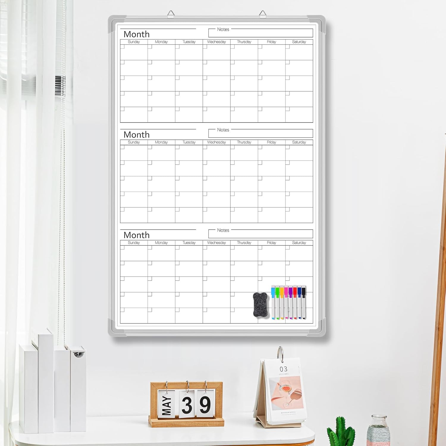 36″ x 24″ Magnetic Vertical 3 Month Dry Erase Calendar for Wall Undated Horiz…