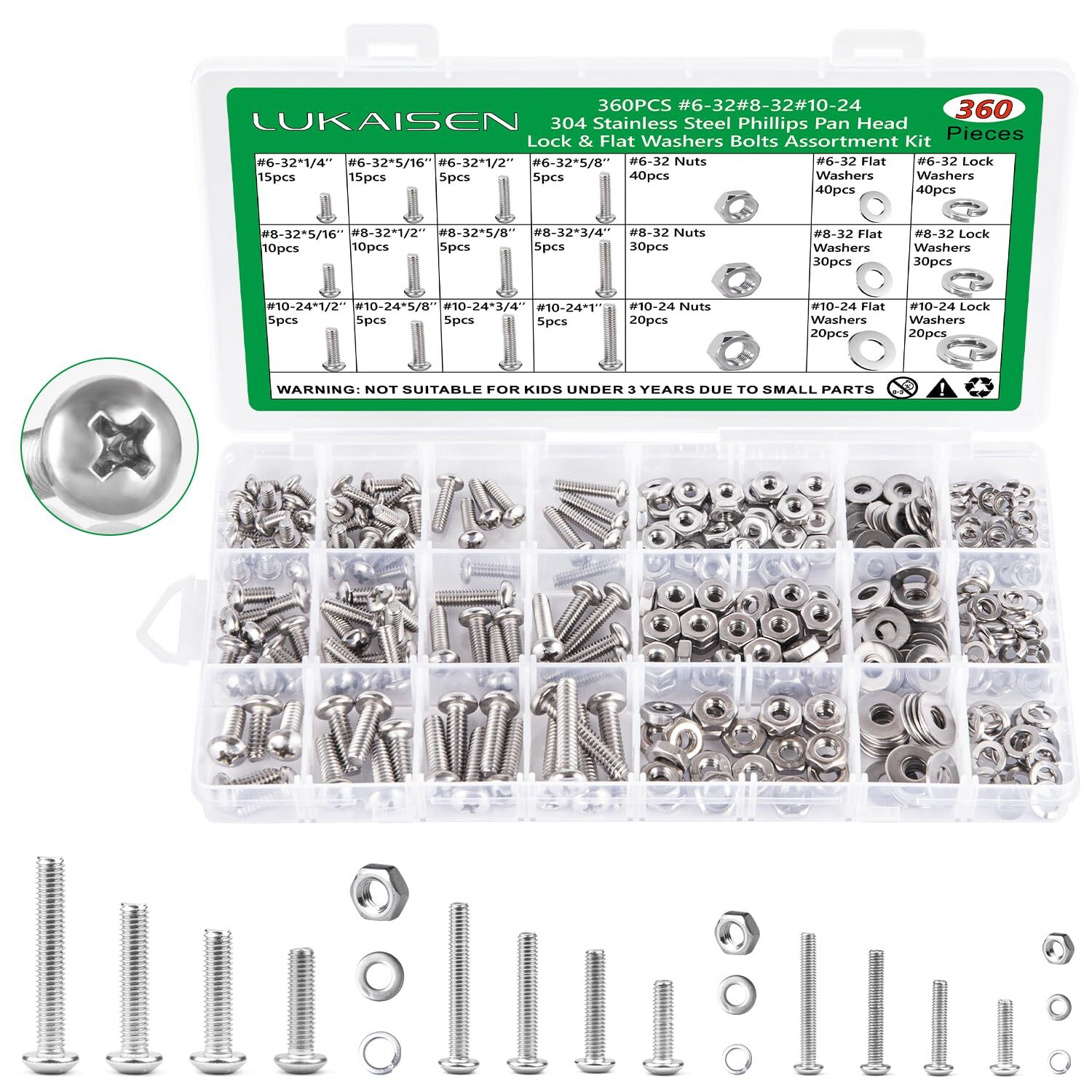 Machine Screws, 360PCS Nuts and Bolts Assortment Kit, #6-32#8-32#10-24 Phillips