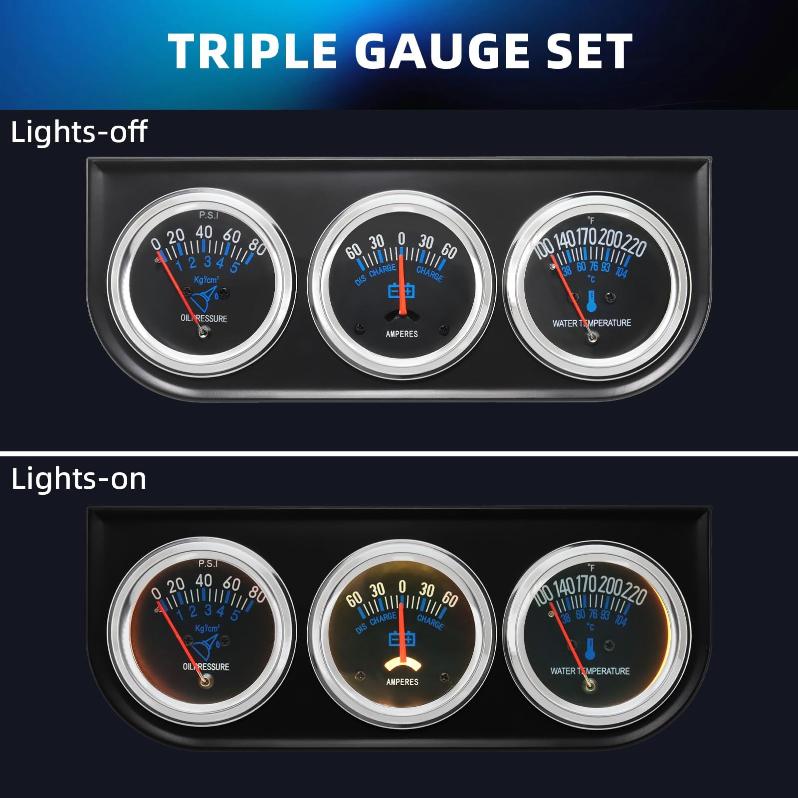 2inch 52mm Triple Gauge Set, Oil Pressure Gauge Water Temp Temperature Ammete…