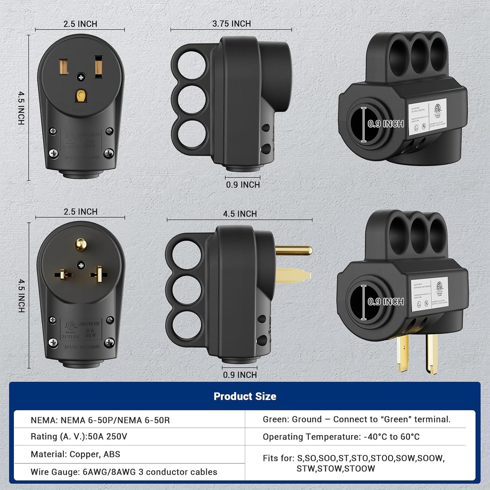 1 Set ETL Listed NEMA 6-30P/6-50P Male Plug and NEMA 6-50R Female Receptacle