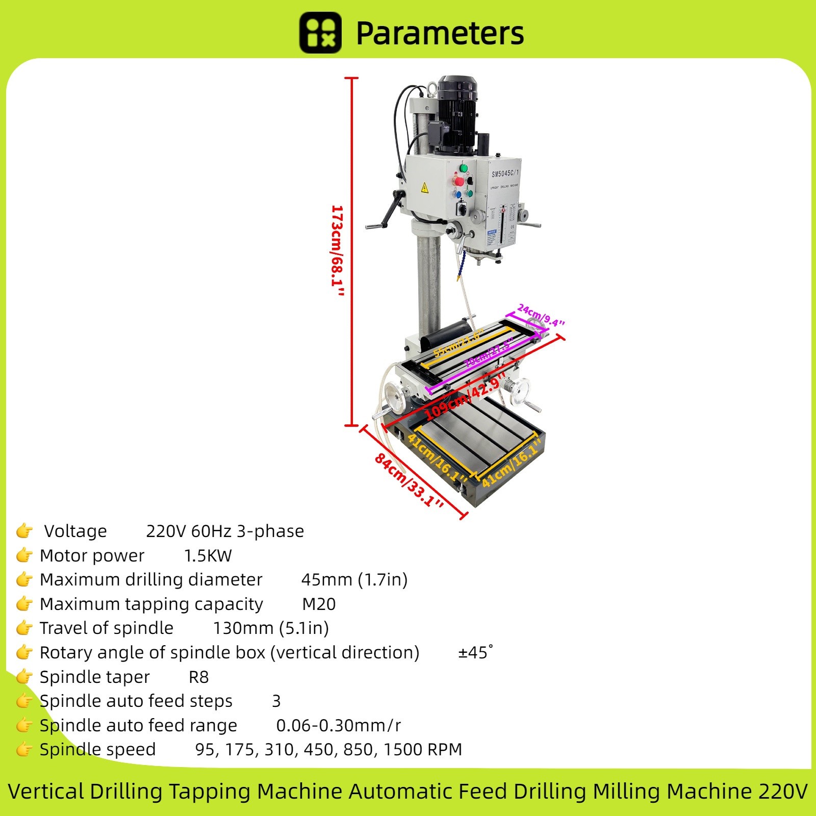 Automatic Feed Drilling Milling Machine 220V Vertical Drill Press R8 Taper
