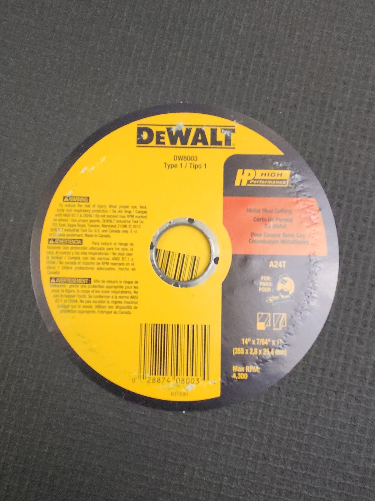 Dewalt DW 8003 14″ X 7/64″ X 1″ Metal Stud Cutting Chopsaw Wheel 10 Pack New