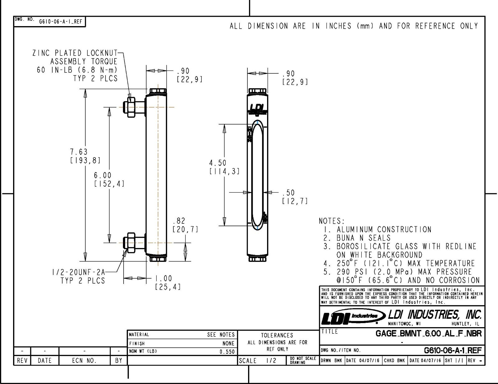 LDI G610-06-A-1, Fluid Level Sight Glass, 6 in, Aluminum