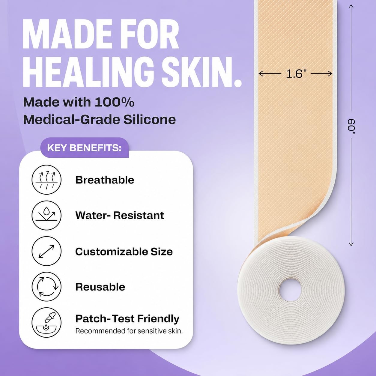 Awd Medical Silicone Scar Tape Medical-Grade 1.6 X 60 Cut-To-Fit For C-Section