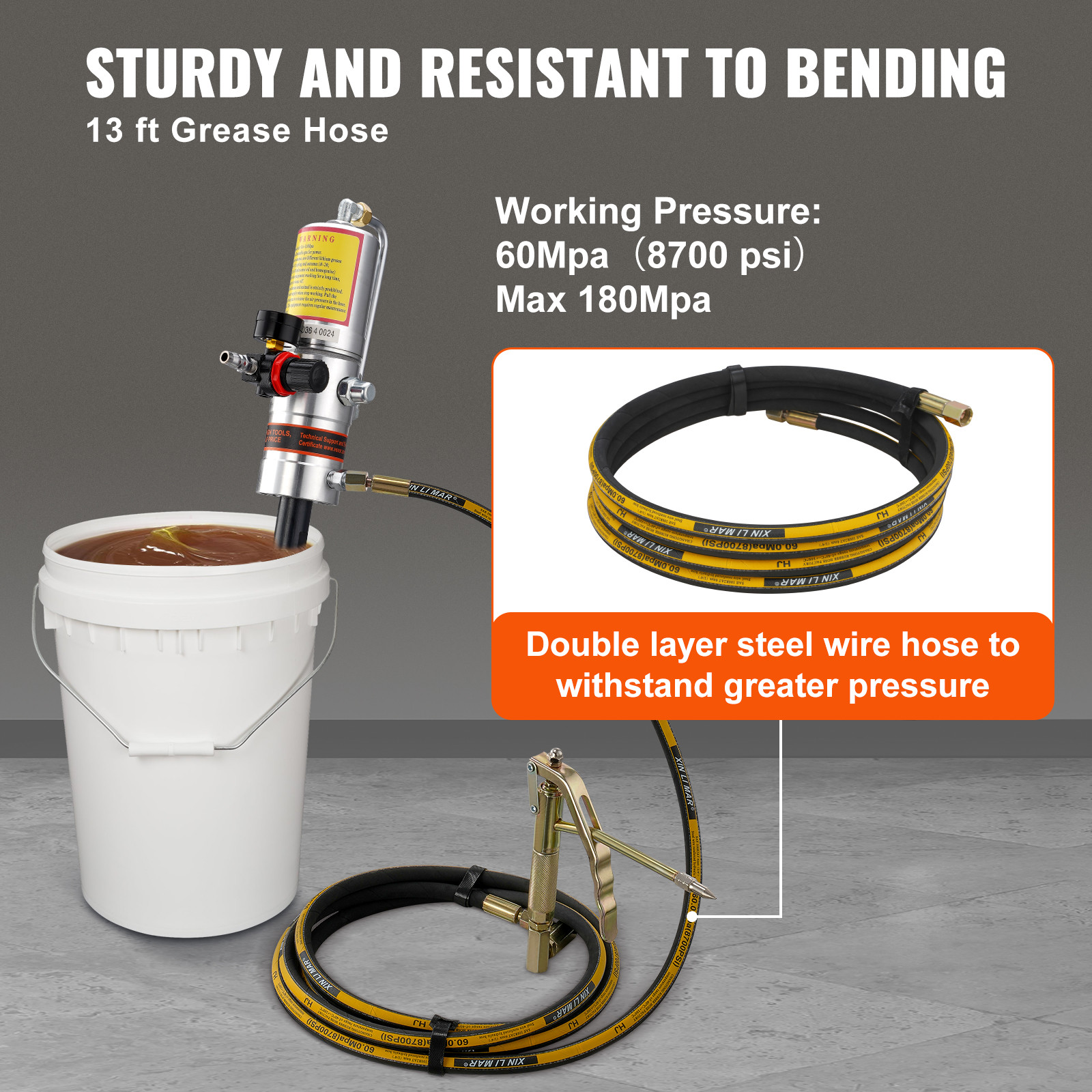 VEVOR Grease Pump Air Operated Grease Pump 0.6-0.8Mpa 13 ft Hose & Grease Gun