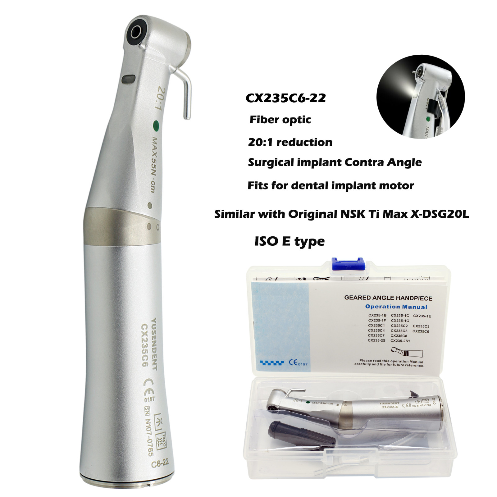 COXO Dental Surgical Handpiece 20:1 Implant Contra Angle 1:1 Straight Attachment