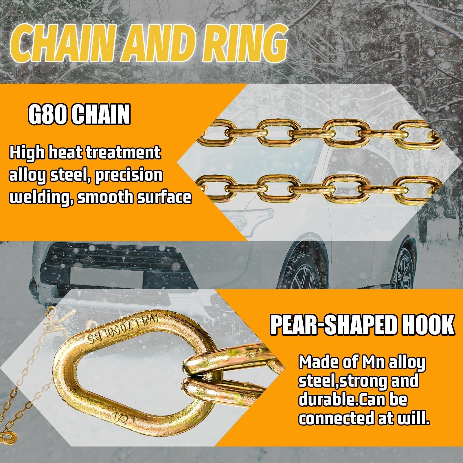 G80 V Bridle Chain 5/16 in × 2 Ft Tow Chain with 8 in J Hooks and Grab Hook