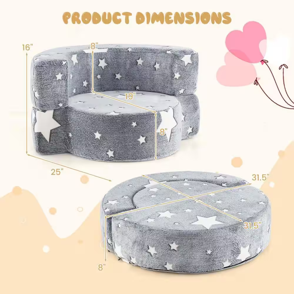 Gray Flannel Fabric Kids Plush Couch with Machine Washable Cover Soft Sponge Pad