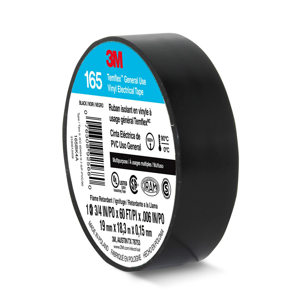 100 ROLLS – 3M ELECTRICAL TAPE UL, BLACK 3/4’’ x 60 FT GENUINE TEMELEX 165