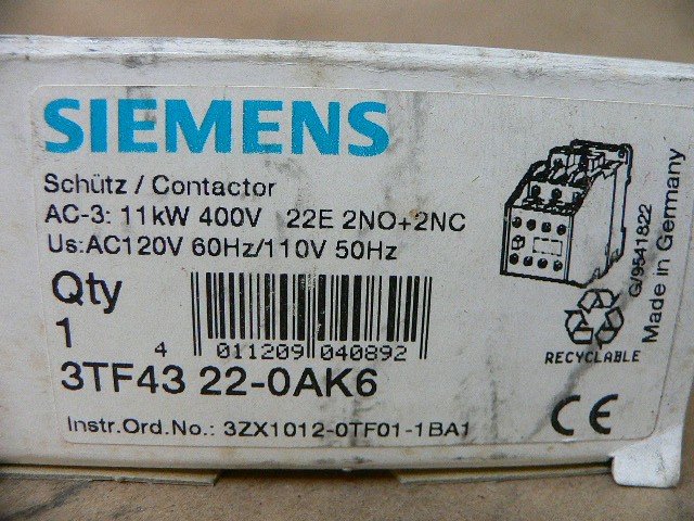 Siemens 3Tf43 22-0Ak6 Contactor 22Amp 3Pole Ac Operation 110/120Vac 50/60Hz