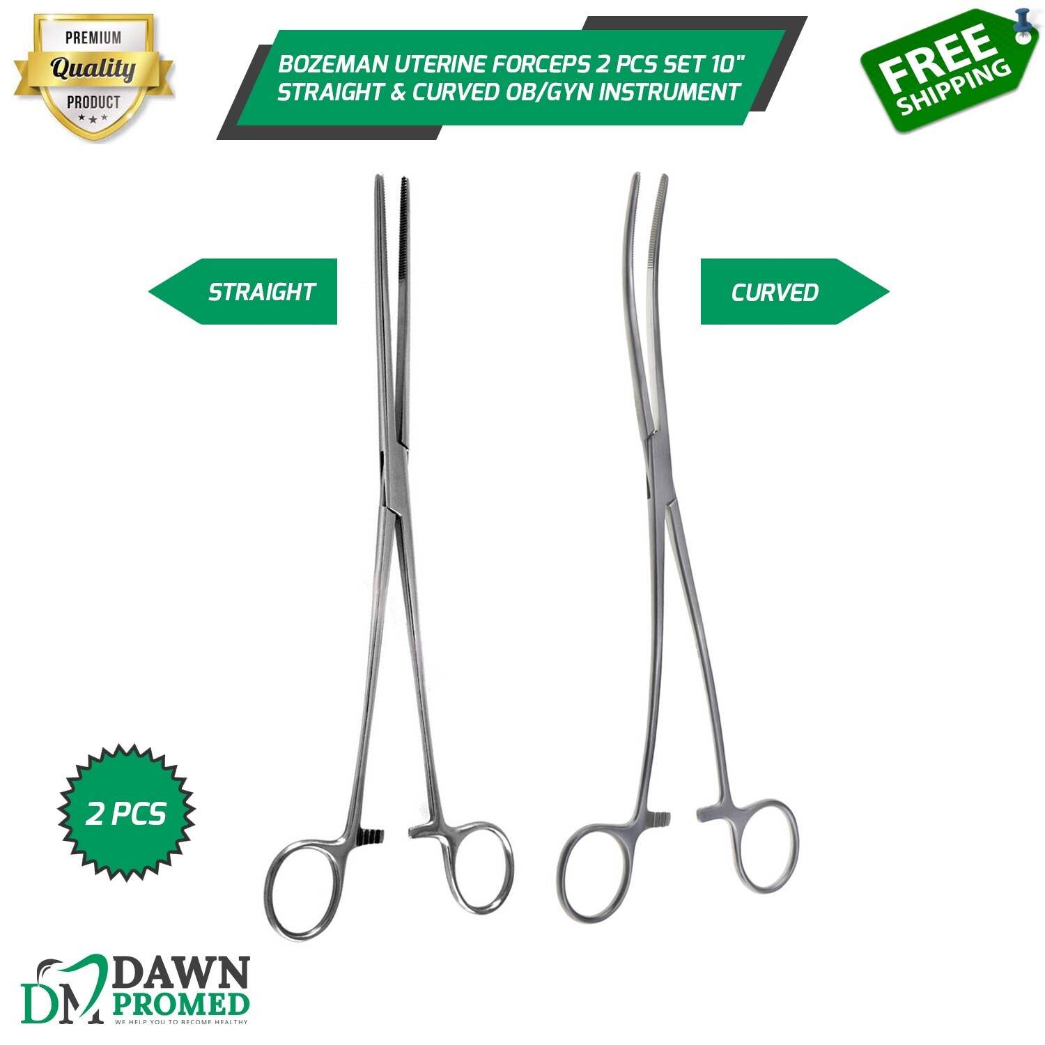 Bozeman Uterine Forceps 2 Pcs Set 10″ Straight & Curved OB/GYN Inst German Grade