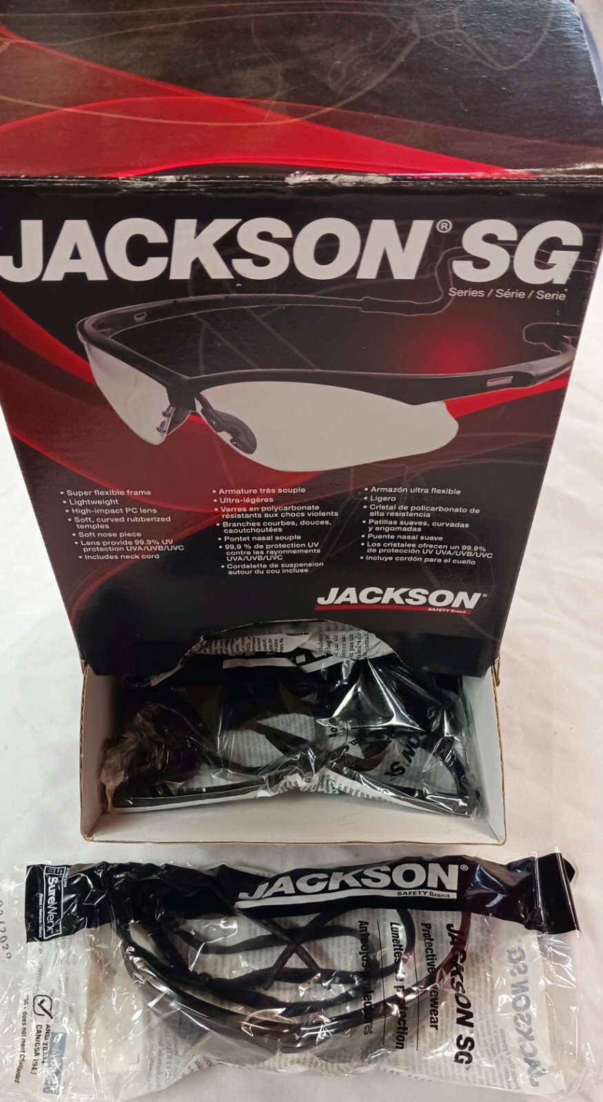 JACKSON SG SERIES 50010 LIGHTWEIGHT SAFETY GLASSES NECK CORD 99.9% UV CASE OF 12