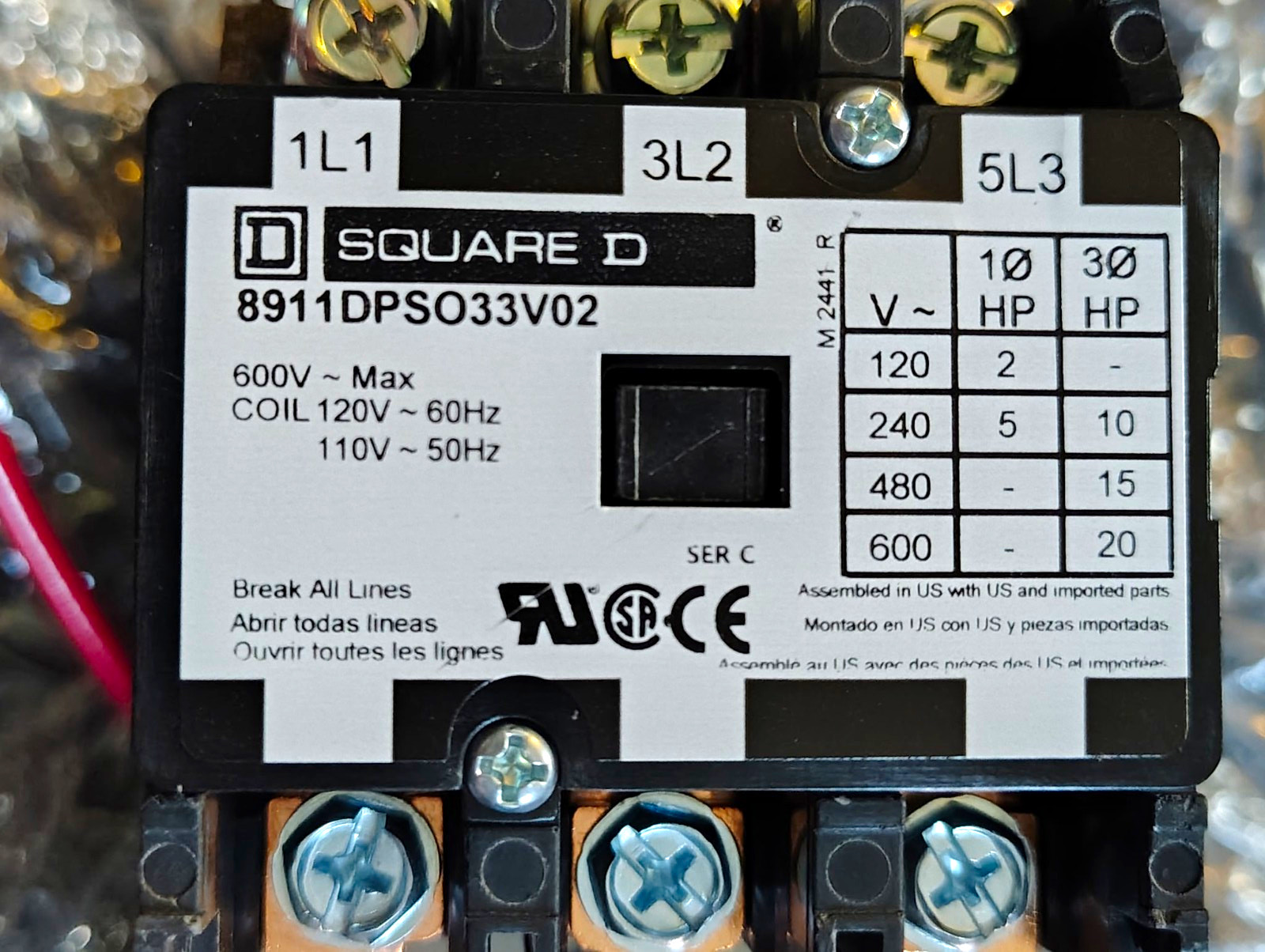 Square D 8911DPS033V02 Definite Purpose Contactor 3-Pole 24A 120V Coil