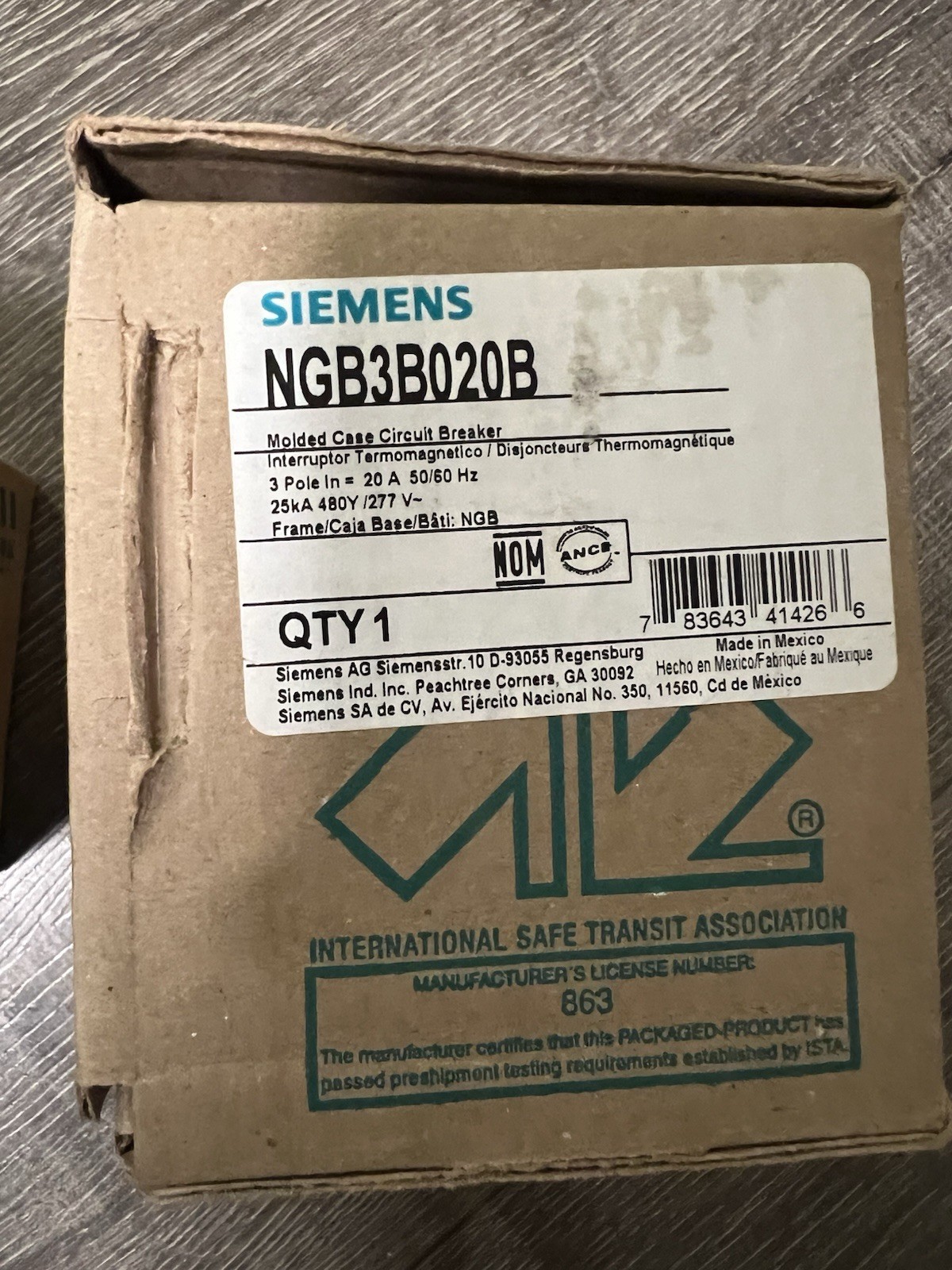 New Siemens Circuit Breaker NGB3B020B 20 Amp 480Y/277 Volt 3 Pole