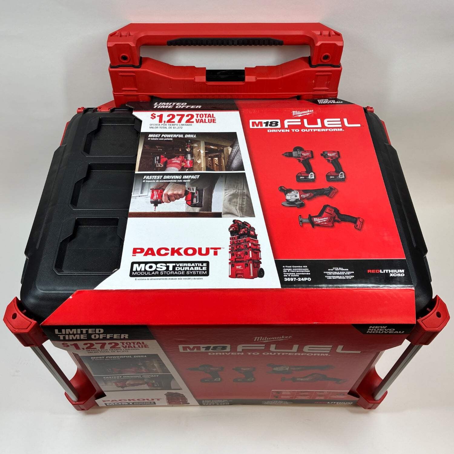 New Milwaukee 3697-24P0 M18 18V 4-Tool Combo Kit Packout Rolling Tool Box
