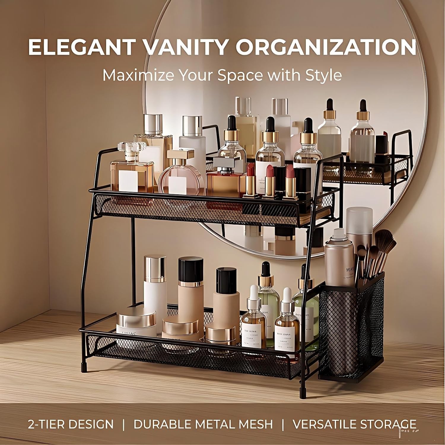 Two-tier countertop organizer with small storage basket