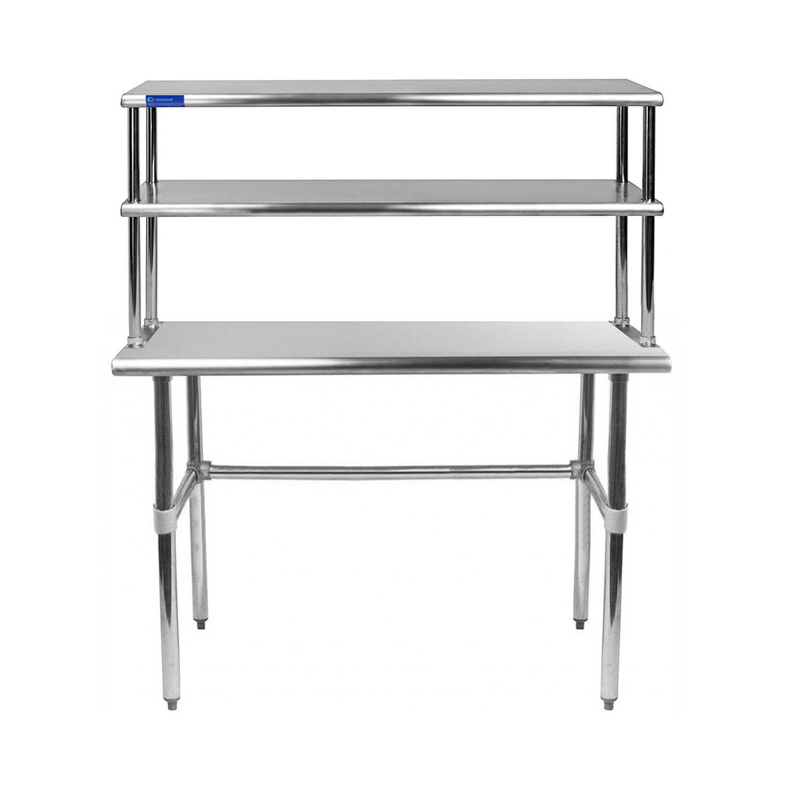 18″ x 48″ Stainless Steel Open Base Table With 12″ Wide Double Tier Overshelf