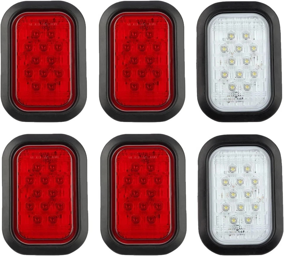 6Pcs 5×3 Rectangle LED Stop/Turn/Tail/Brake & Backup 4 Red + 2 White