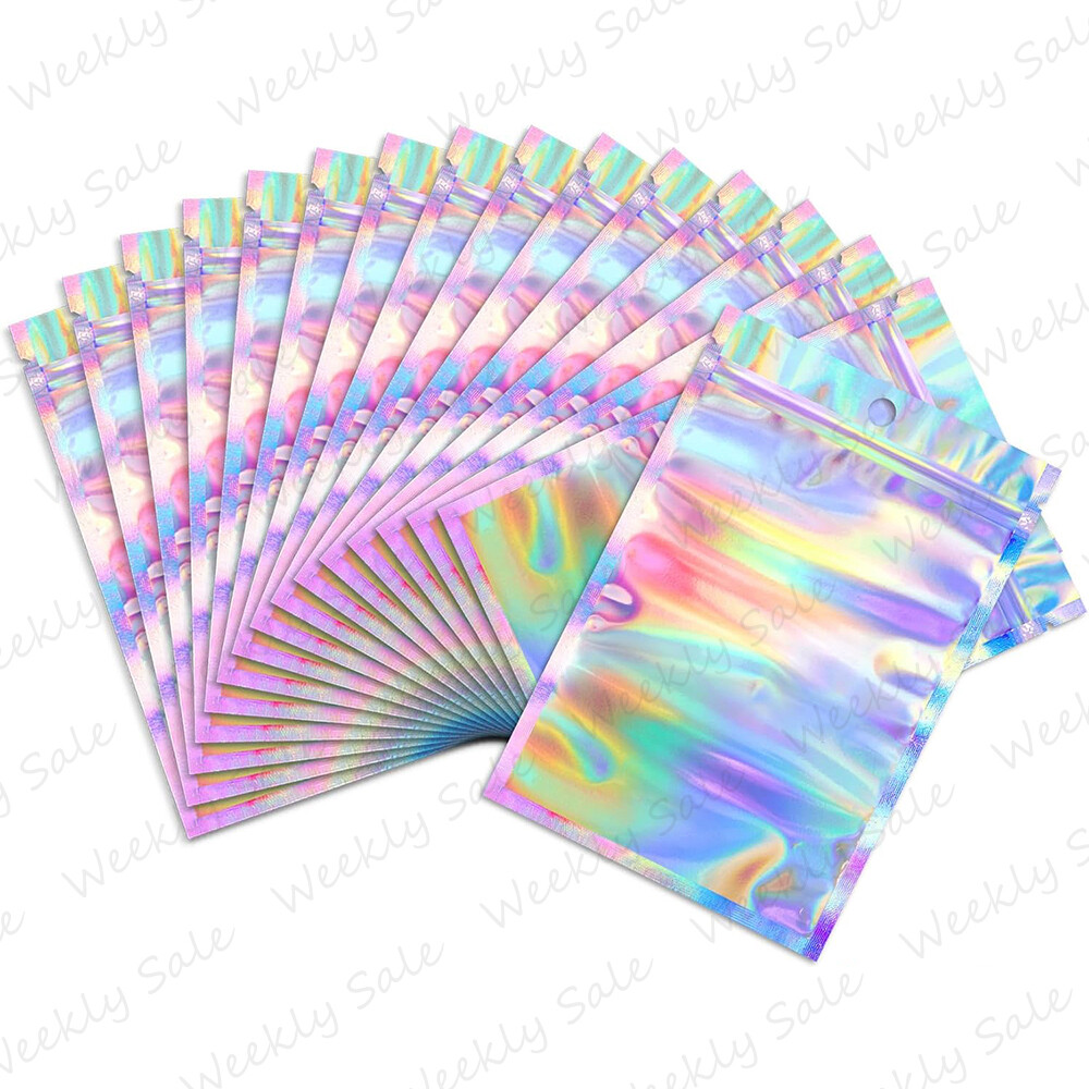 Holographic Mylar Foil Bags Smell Proof Resealable Zip Lock Pouch Rainbow Color