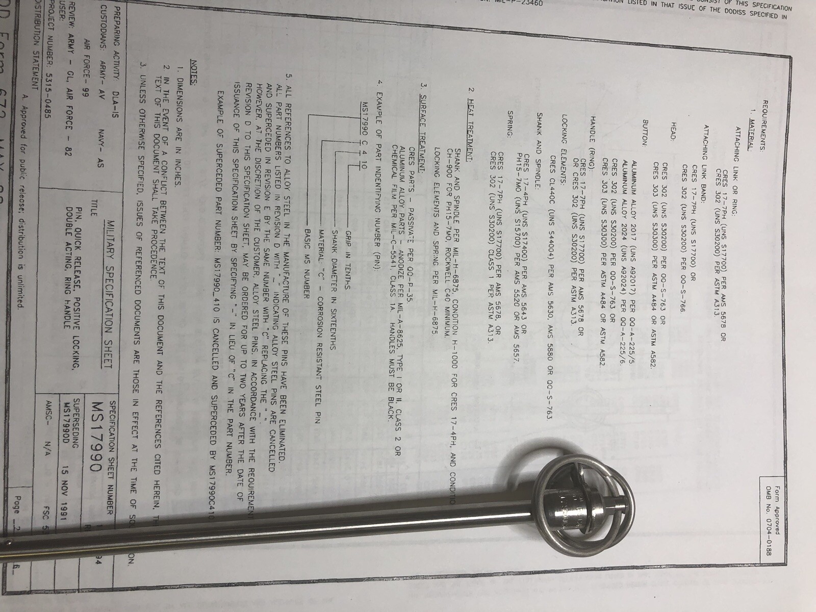 MS17990C453 1/4” Quick Release Pin, 5.300” Grip, Stainless Double Acting