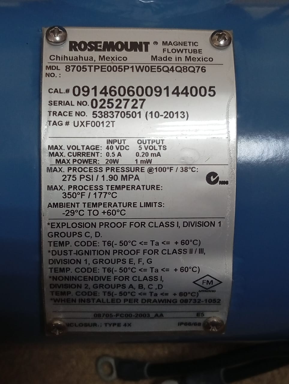 Rosemount / FlowMeter Sensor / 8705TPE005P1W0E5Q4Q8Q76 /275PSI-1.90MPA, 1/2″ 150