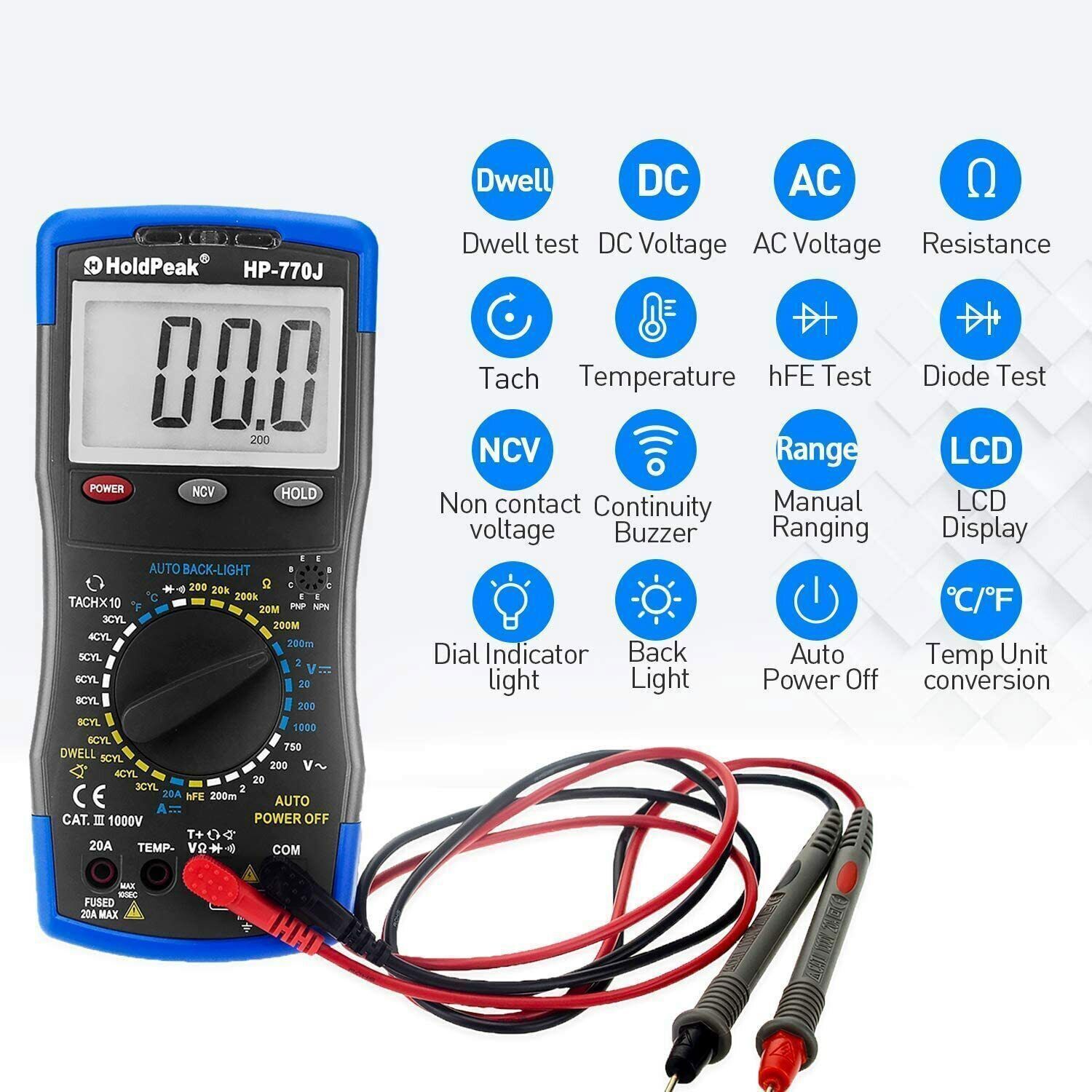 Automotive Multimeter Engine Analyzer Tacho Dwell Meter 50~10000 RPM 4/5/6/8CYL