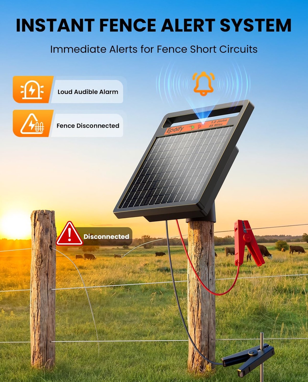 Solar Electric Fence Charger 1.2J Stored Energy, 45 Miles Coverage,8W Solar F…
