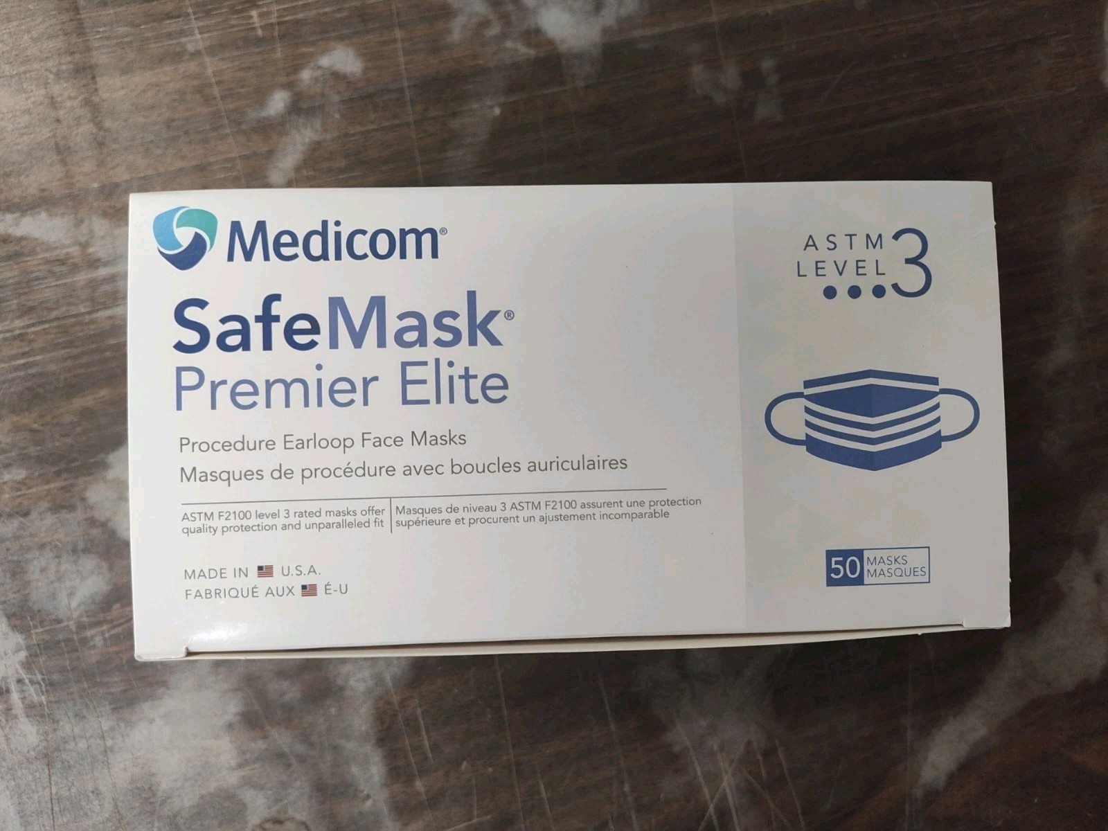 Medicom 2047 SafeMask Premier Elite Earloop Face Masks ASTM Level 3 White 50/Bx