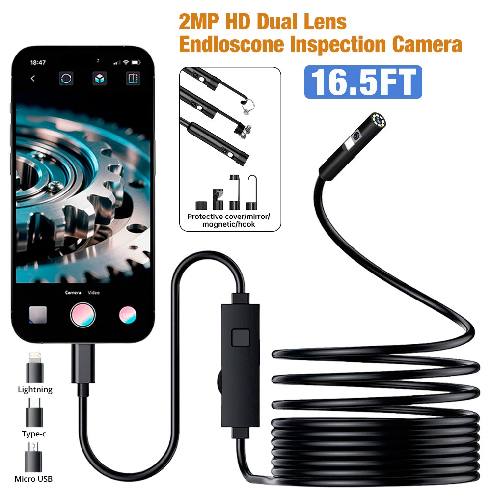1920P Borescope HD Dual Lens Endoscope Camera with 8 LED Lights for iOS/Android