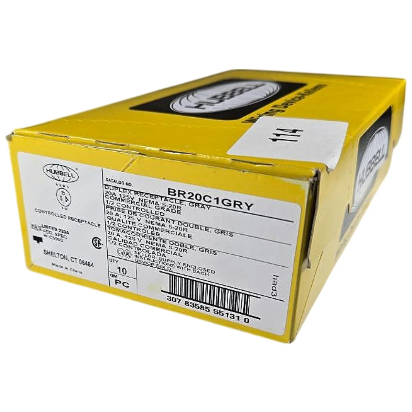 Hubbell BR20C1GRY 20A 125V NEMA 5-20R Half-Controlled Duplex Receptacle 10PK
