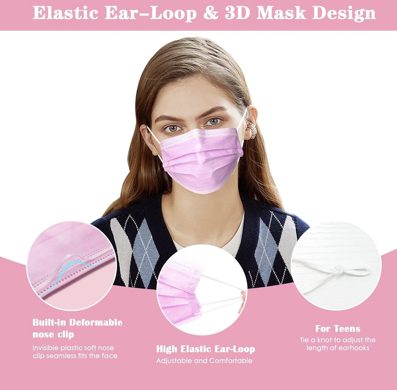 PINK 100 PCS Disposable Face Mask Non Medical Surgical 3 Ply Ear loop Masks USA