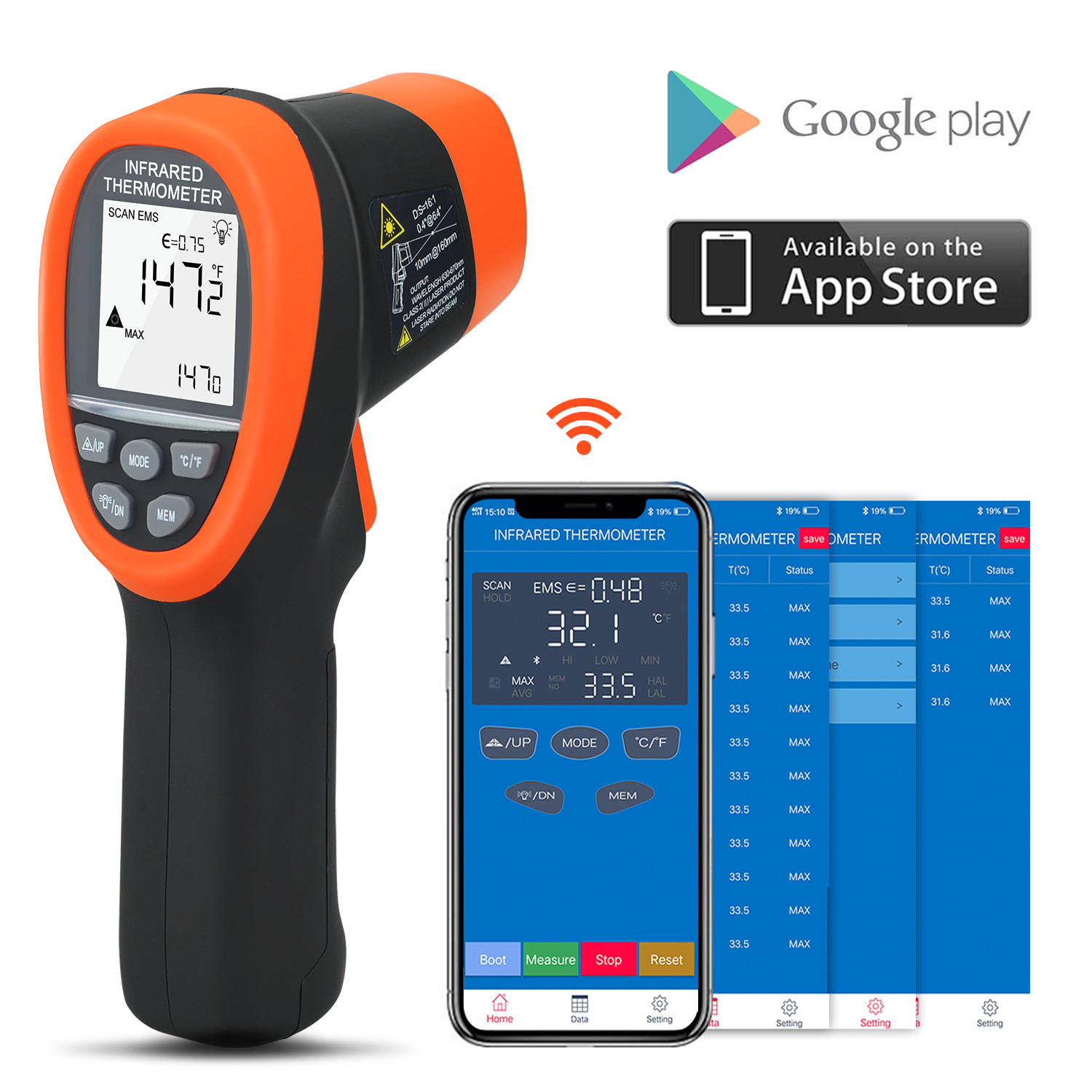 Non-contact IR Thermo Industrial Thermometer1472°F 16:1 D:S BT Max/Min/Avg Alarm