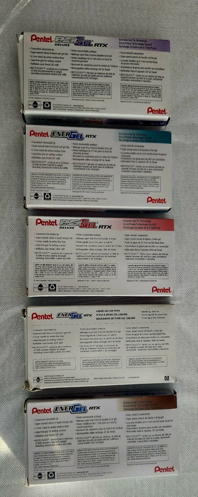 Pentel Deluxe Retractable Gel Pen ENERGEL RTX 5 Color Ink & barrel 5 pack 12=72