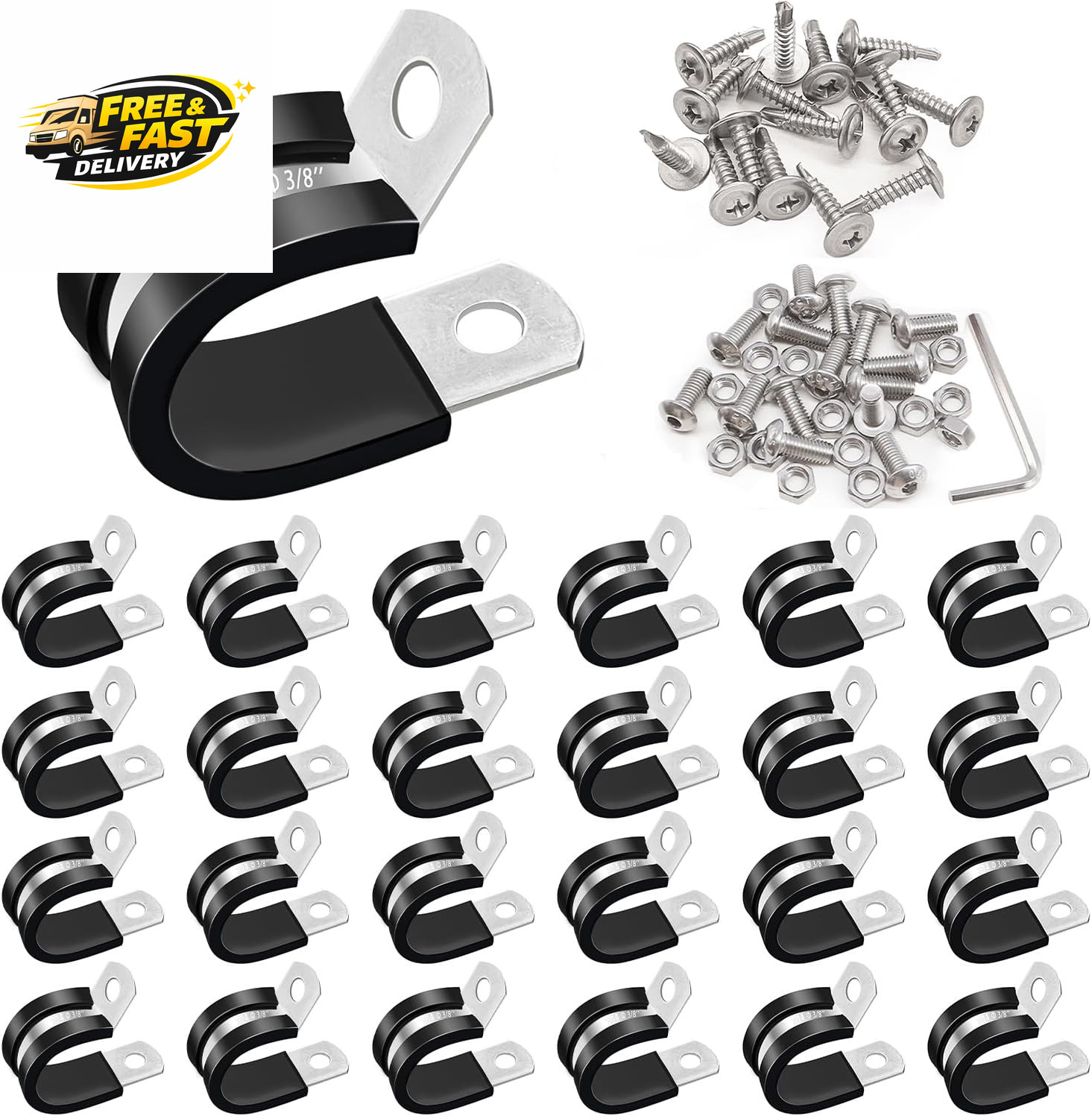 50PCS 3/8 Inch Cable Clamps 304 Stainless Steel Rubber Cushion Insulated Wire Cl