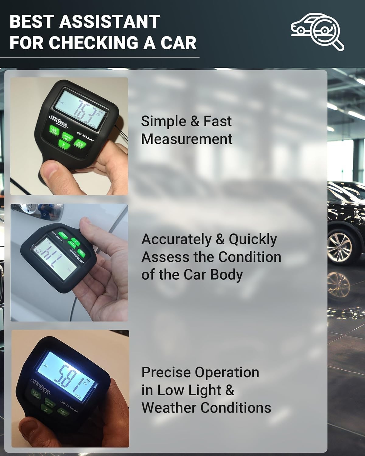 Digital Paint Thickness Gauge for Automotive Inspection with Backlit LCD Display