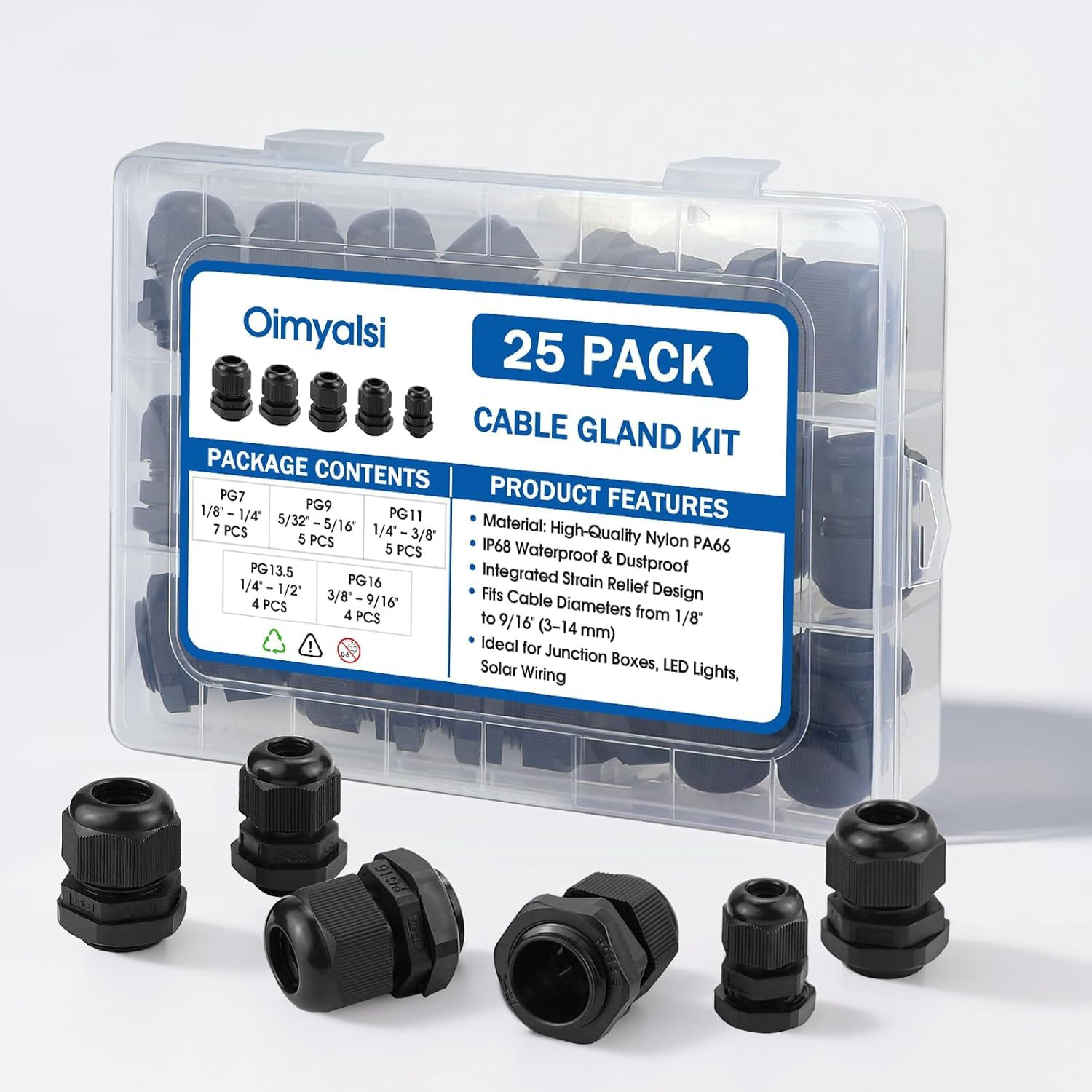 25 Pack Cable Gland Kit – IP68 Waterproof Nylon Cord Grip Connectors PG7 to PG16