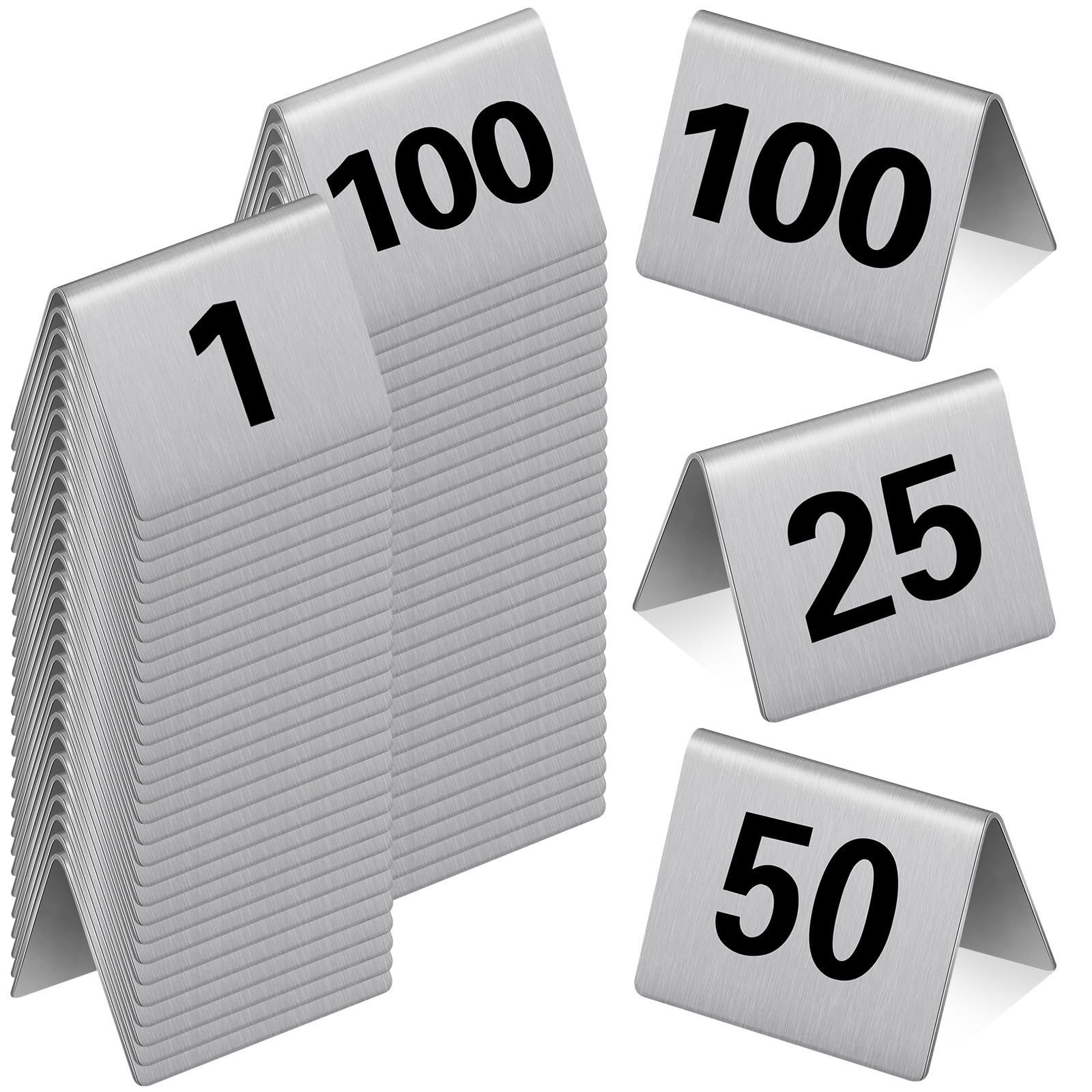 100 Pack Stainless Steel Table Numbers 1-100, Double-Sided Tent Signs for Events